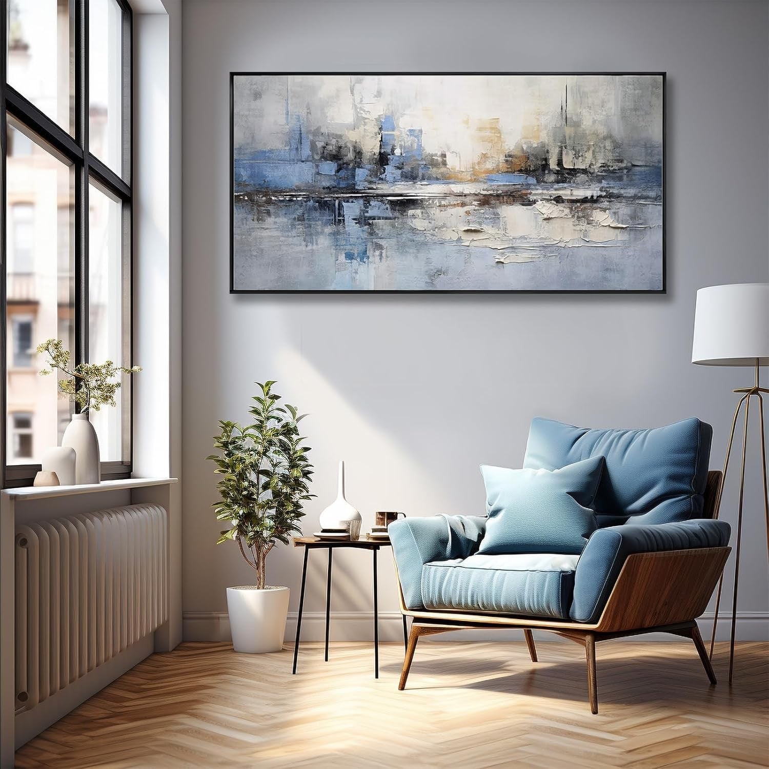 Blue Gray Abstract Canvas Wall Art Framed 20x40 in Modern Decor