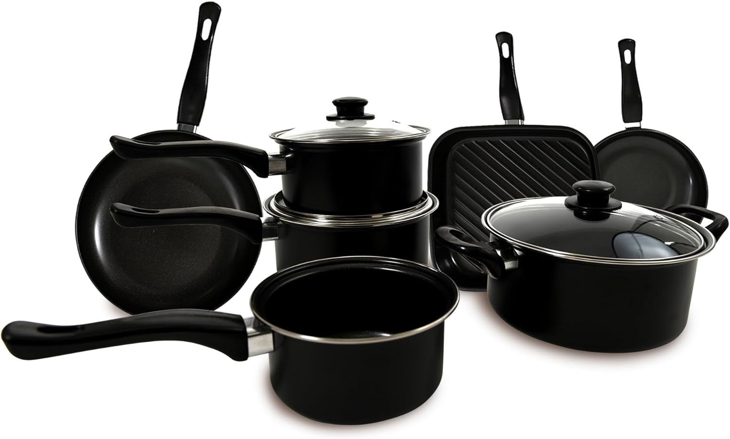 10Pcs Black Non Stick Cookware Pots and Pans Set with Glass Lids & Grill Pan