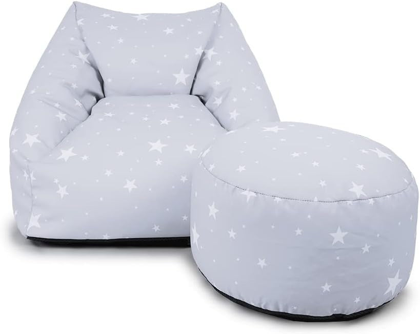 Kids Star Bean Bag Chair & Footstool Set - Grey Toddler Armchair Filled