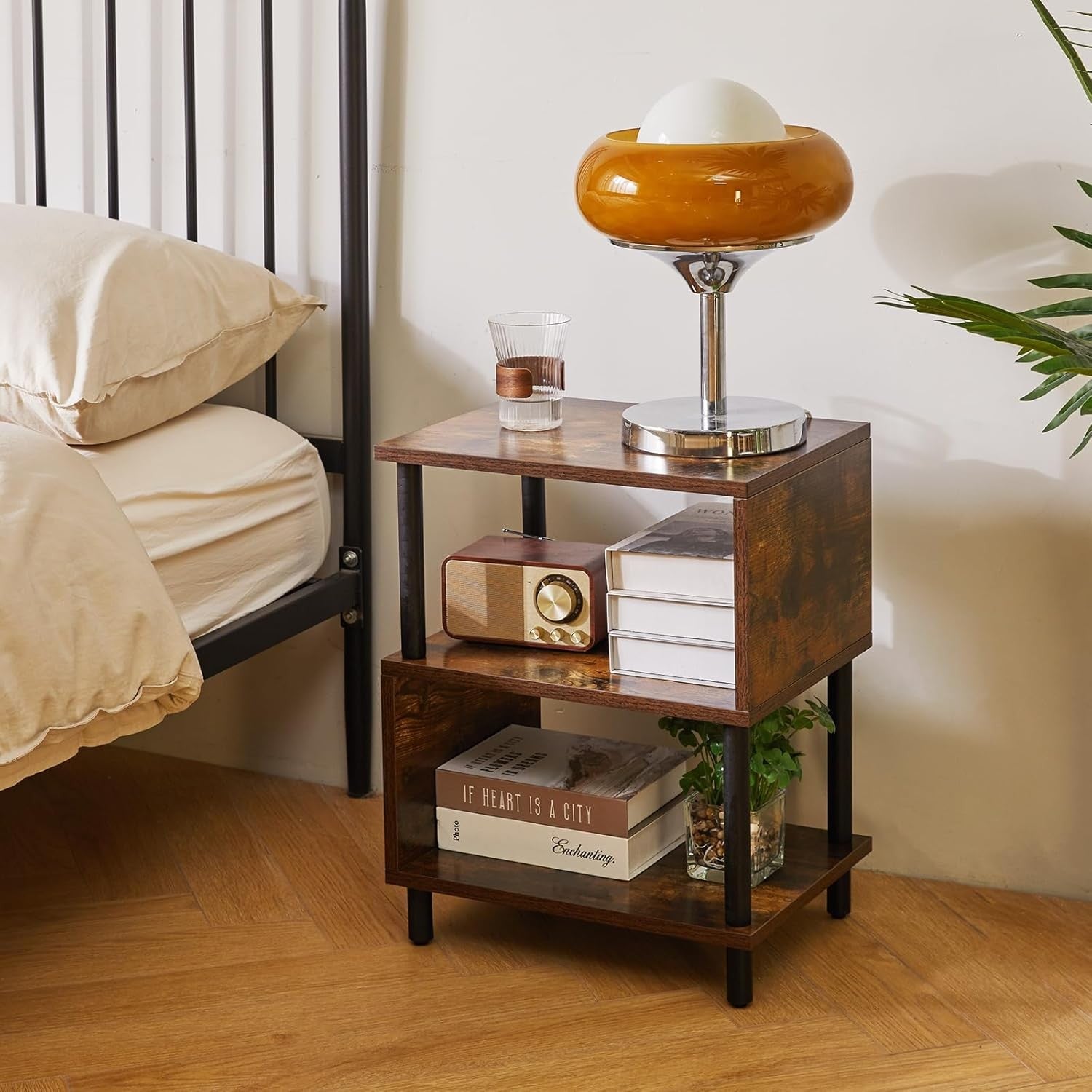 Rustic Brown 3-Tier S-Shape Side Table with Storage Shelves & Black Legs