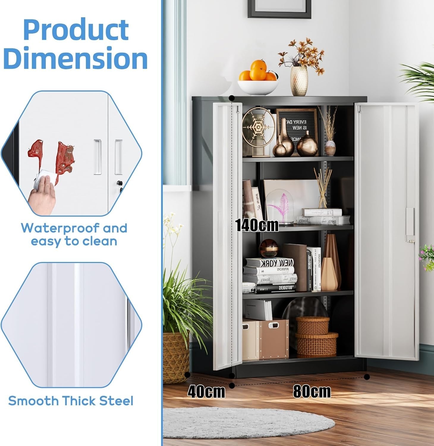 Lockable Steel Storage Cabinet 2 Doors 3 Adjustable Shelves 140x80x40cm