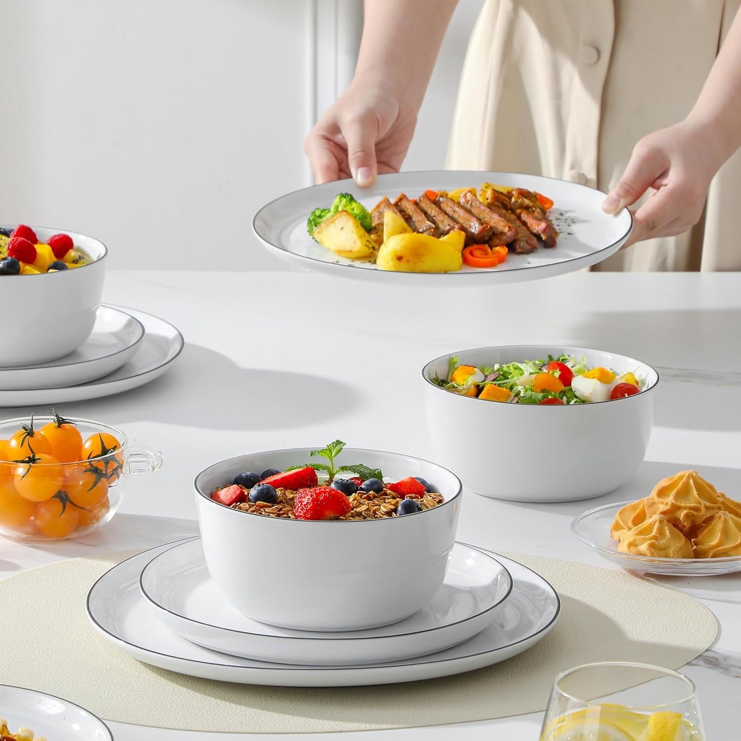 12pc Porcelain Dinnerware Set Plates Bowls Black Rim Microwave Safe