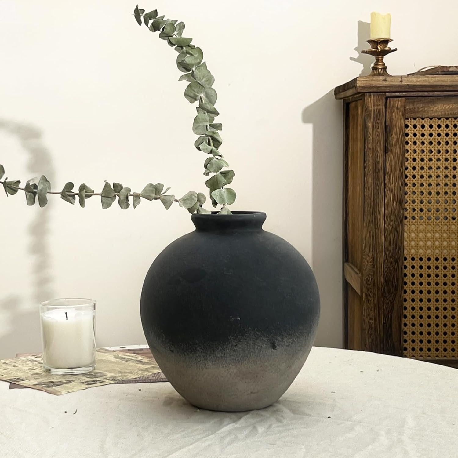 Black Rustic Ceramic Vase Farmhouse Decor 22cm Table Centrepiece Gift