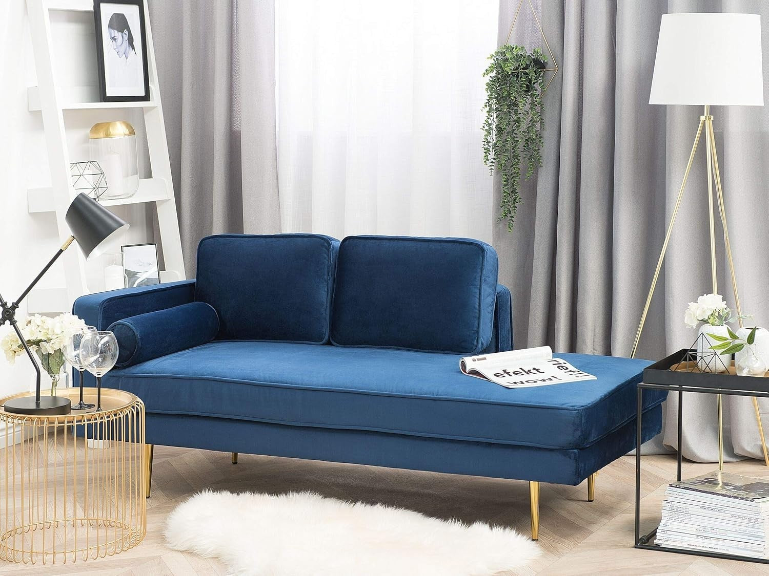 Velvet Chaise Lounge Navy Blue | Gold Legs, Cushions, Deep Seat, Compact Glam
