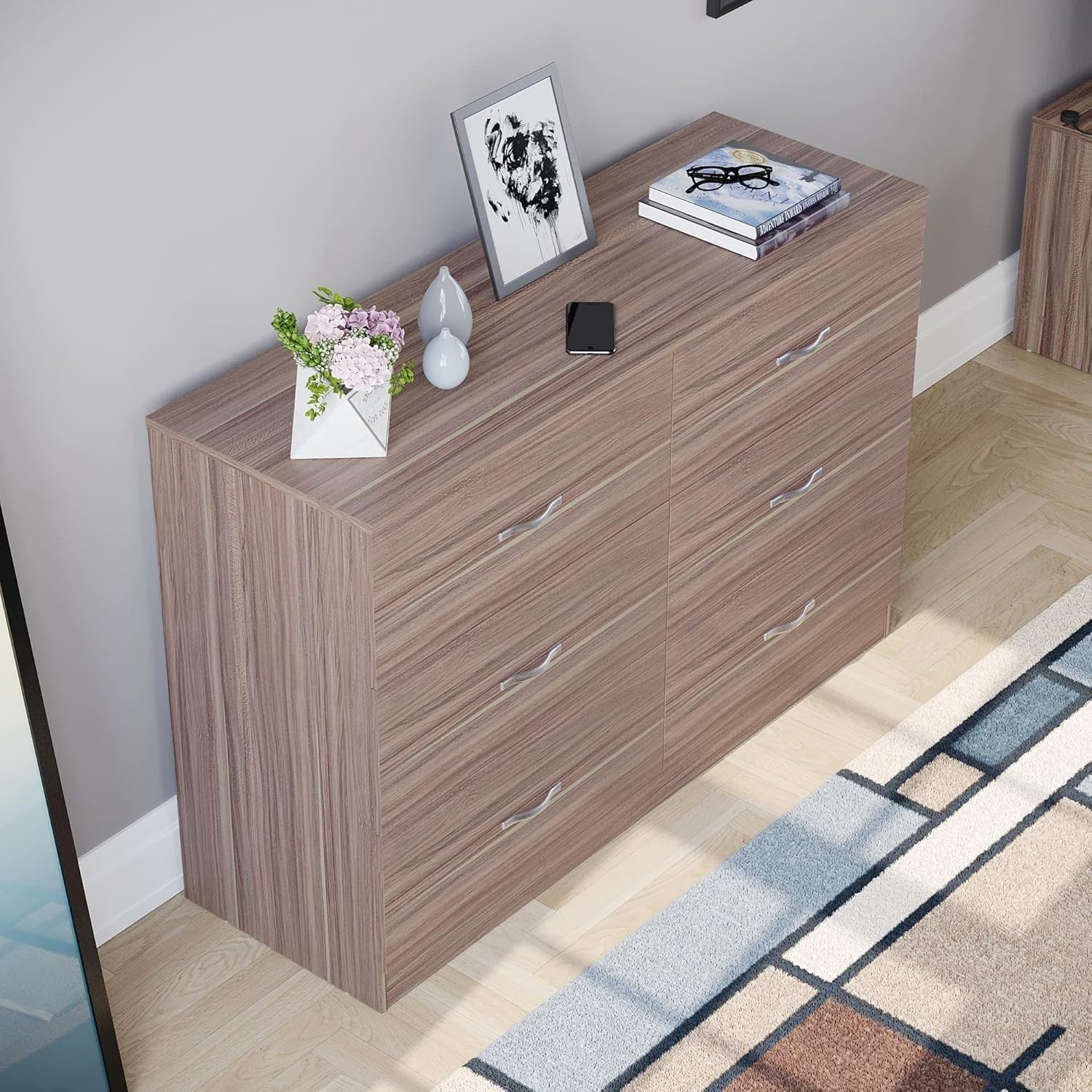 Walnut 6 Drawer Chest Bedroom Storage Unit Sliding Drawers Flatpack