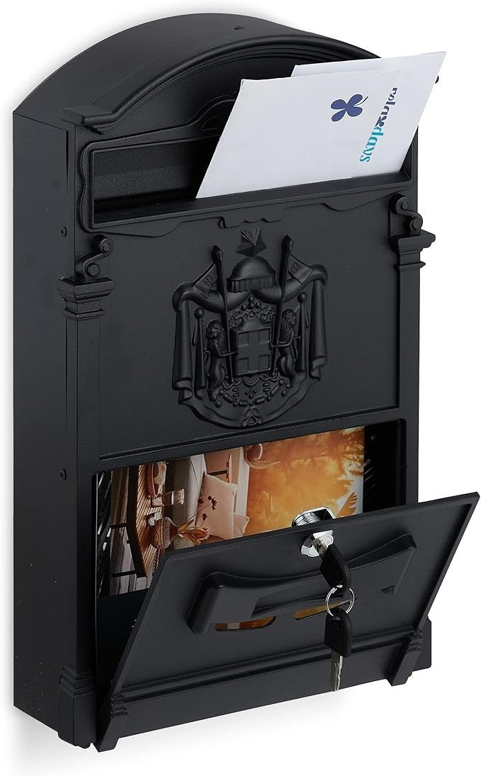 Vintage Wall Mounted Letterbox Black Steel Lockable Mailbox Secure & Stylish