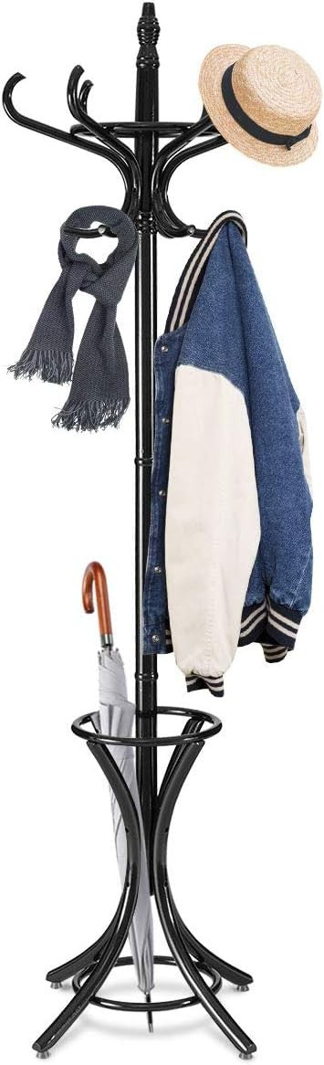 12 Hook Freestanding Wooden Coat Rack Stand with Umbrella Holder – Black