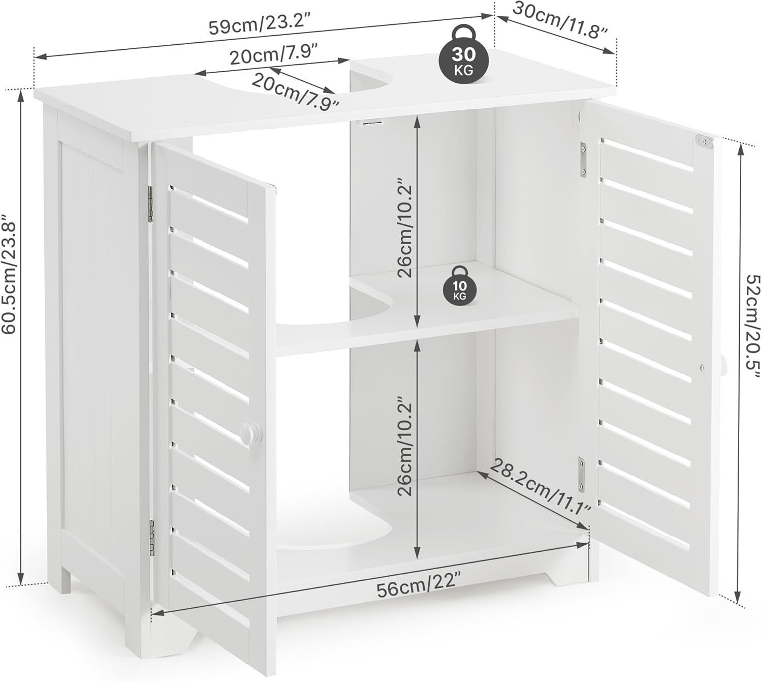White Under Sink Bathroom Cabinet 2 Door Storage Unit Modern Slim 60x30cm
