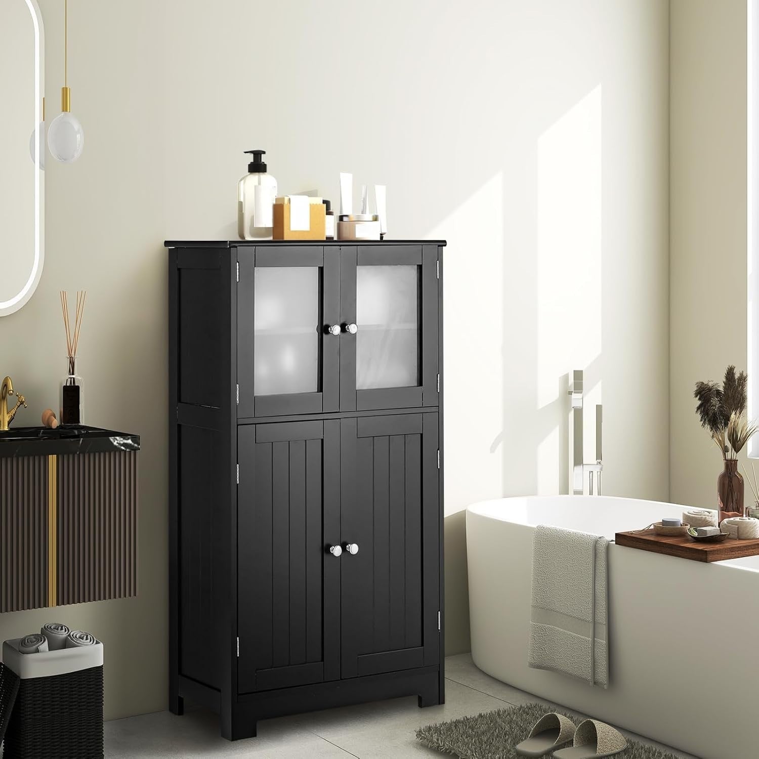 Bathroom Floor Cabinet Freestanding with Tempered Glass & Adjustable Shelves