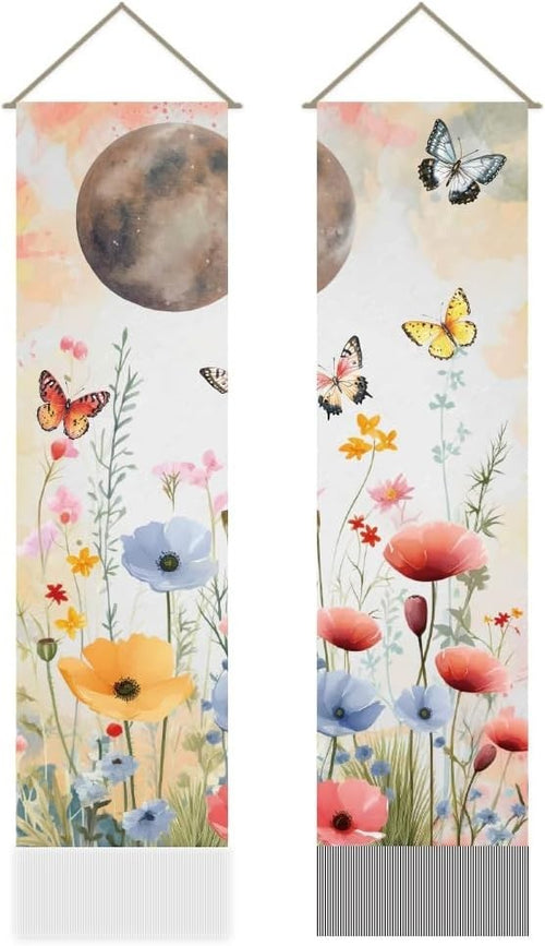 Boho Beige Flower Tapestry 2pcs 45.7x13in Butterfly Wall Decor