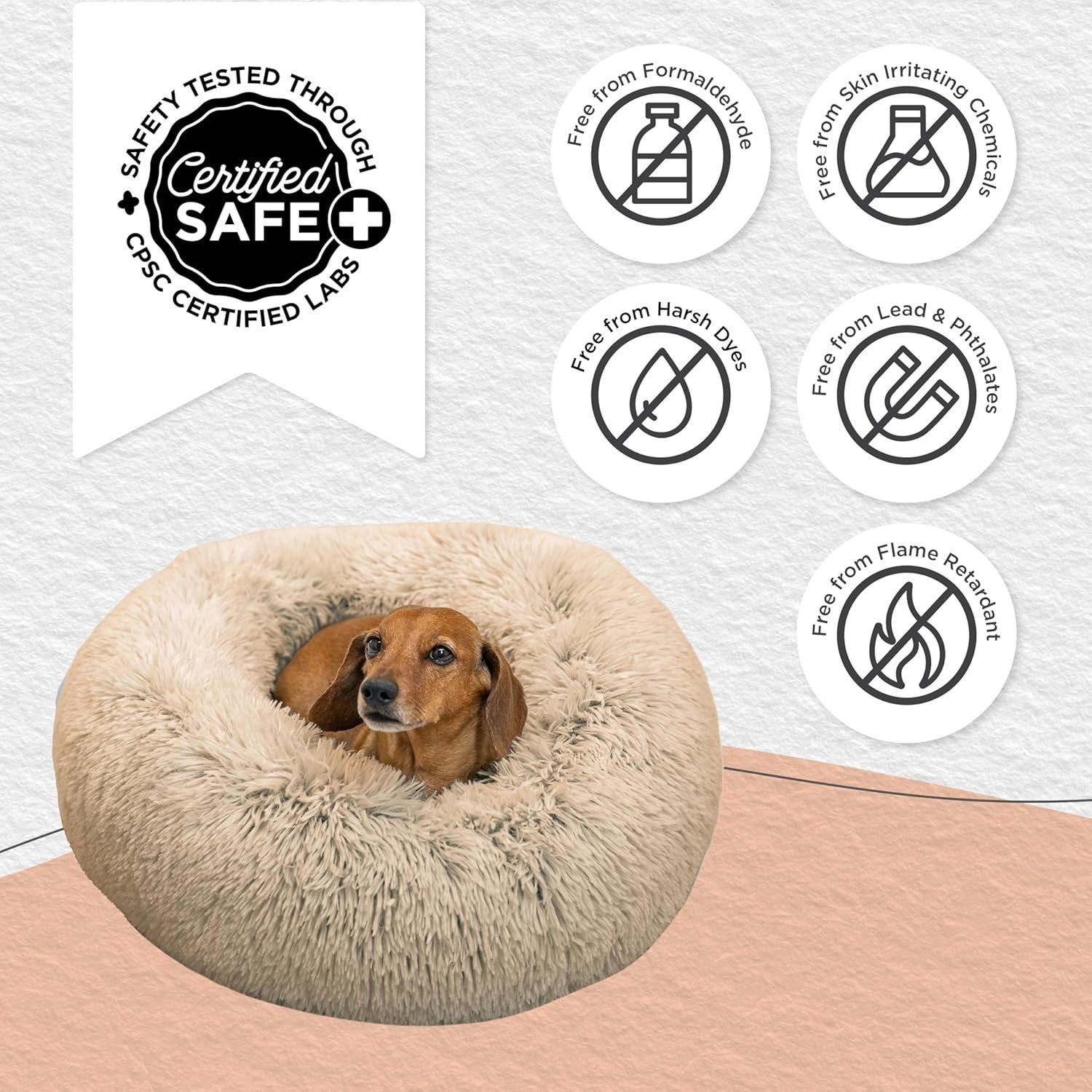 Calming Donut Dog Bed 23x23 Taupe Shag Fur Small