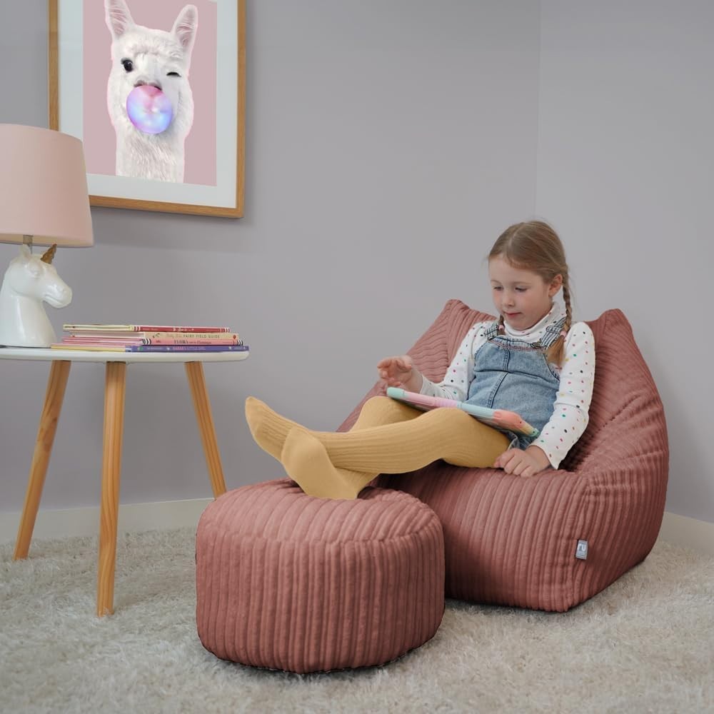 Kids Corduroy Bean Bag Chair with Footstool – Washable, Comfy, 70x80x60cm