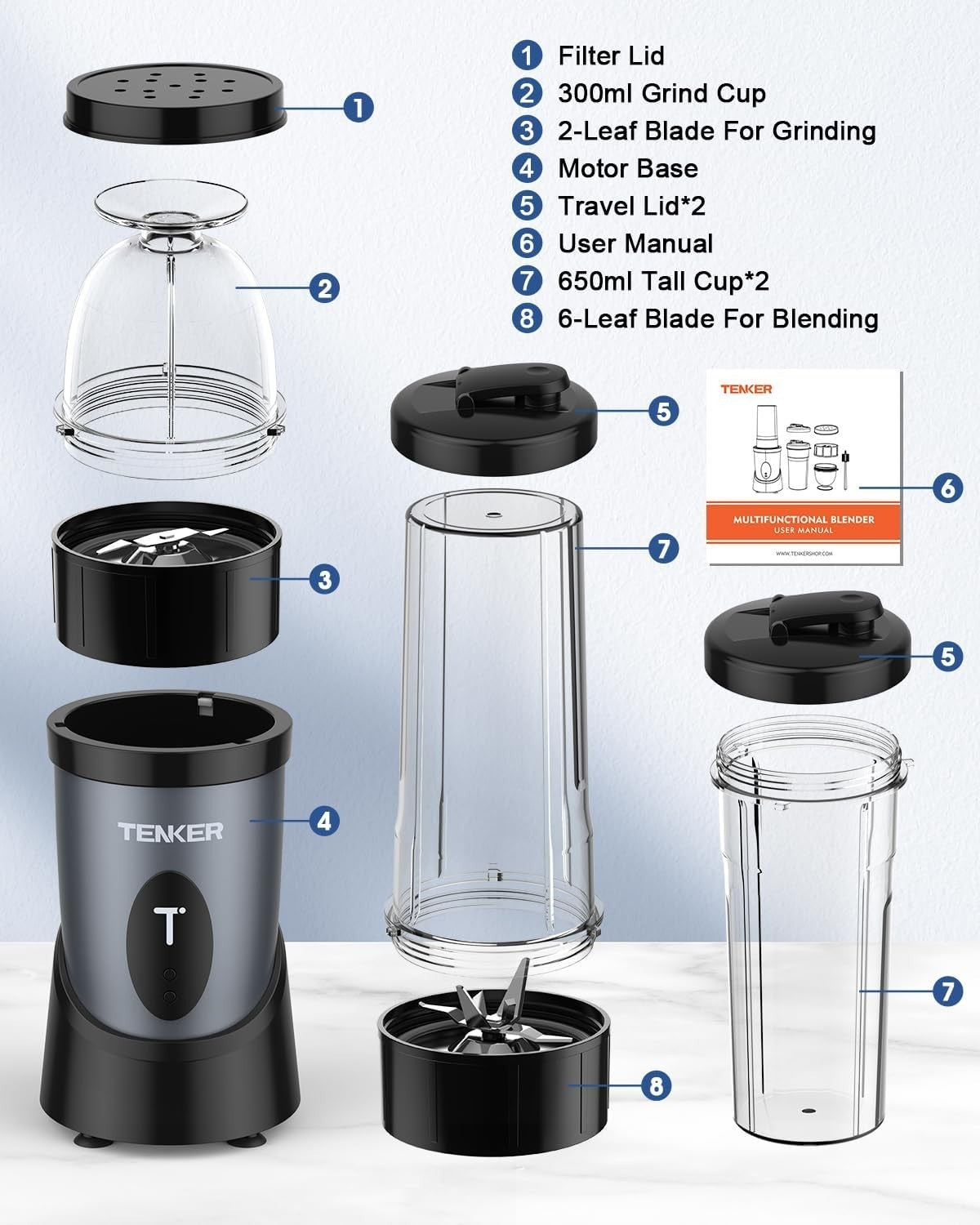 Portable 850W Personal Smoothie Blender with 2x 650ml Bottles & Grinder