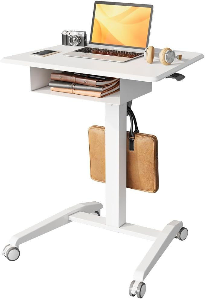 Height Adjustable Rolling Standing Laptop Desk with Shelf Mobile Table White