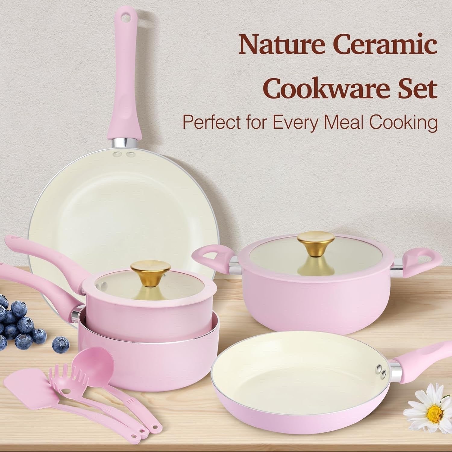 11pcs Pink Non Stick Ceramic Cookwear Set Non Stick Pots & Pans PFOA Free