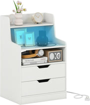 White LED Bedside Table with Charging Station, Drawers & RGB Storage Shelf