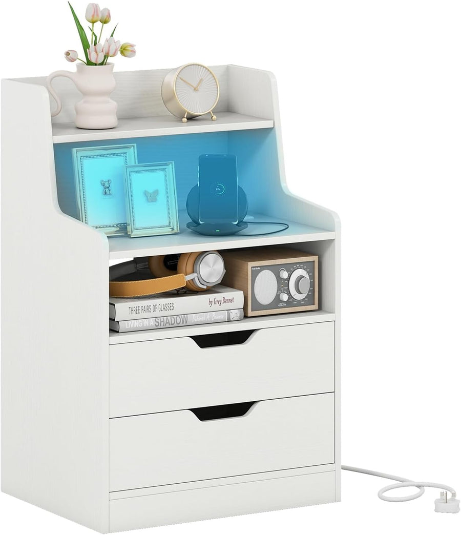 White LED Bedside Table with Charging Station, Drawers & RGB Storage Shelf