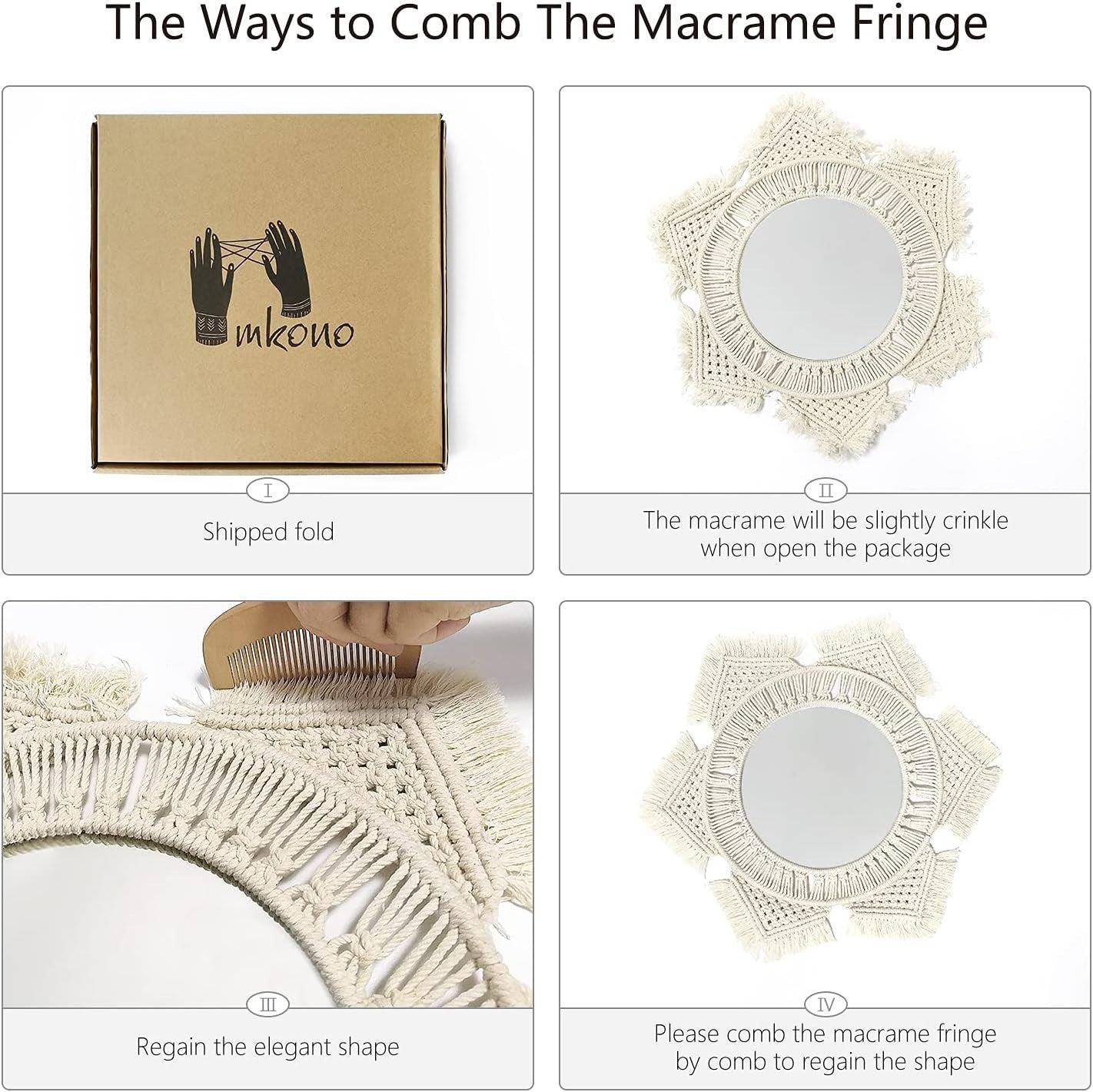 Boho Macrame Sunburst Wall Mirror – Round Cotton Hanging Decor