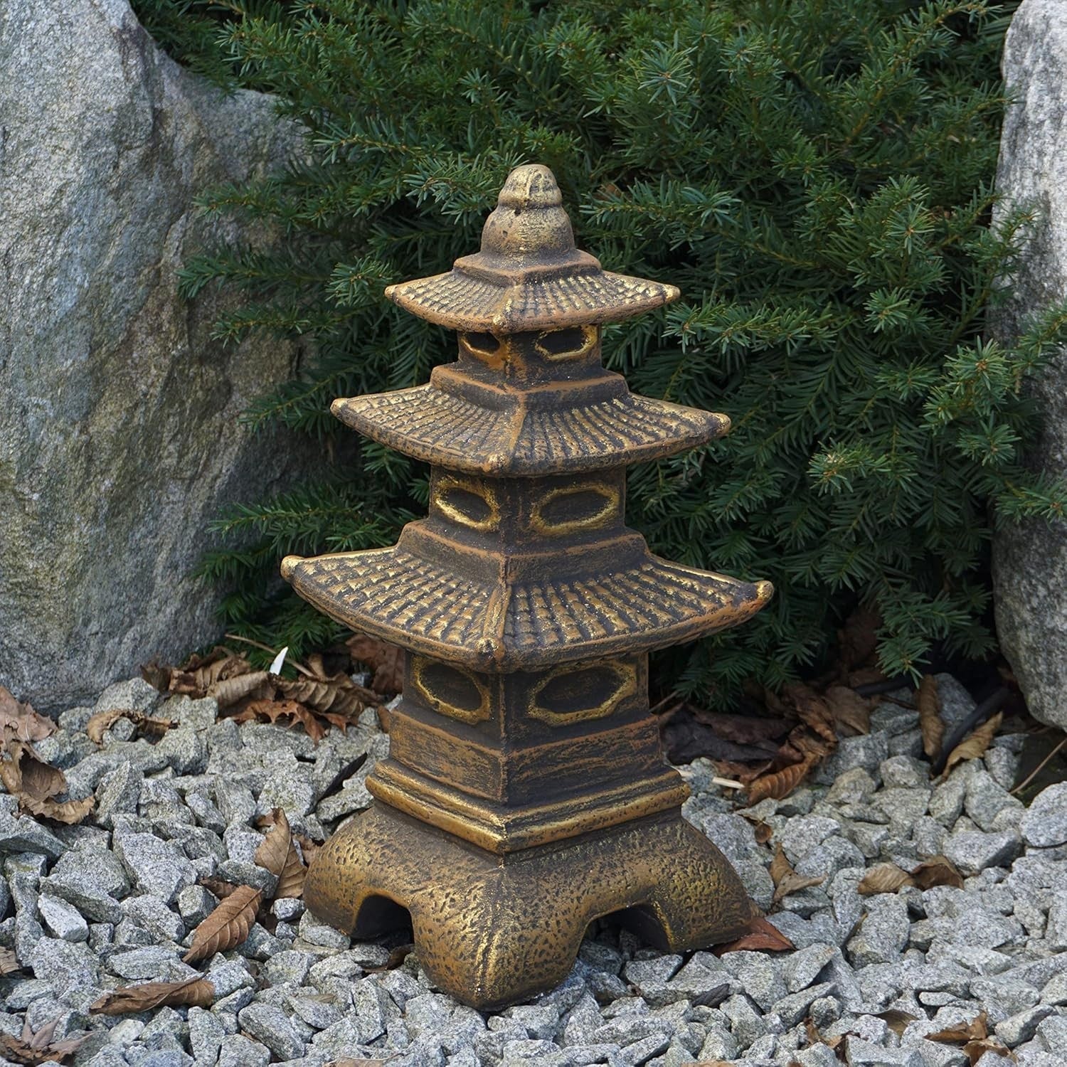Japanese Pagoda Stone Lantern 46cm Frost Proof Gold Cast Concrete Garden Decor