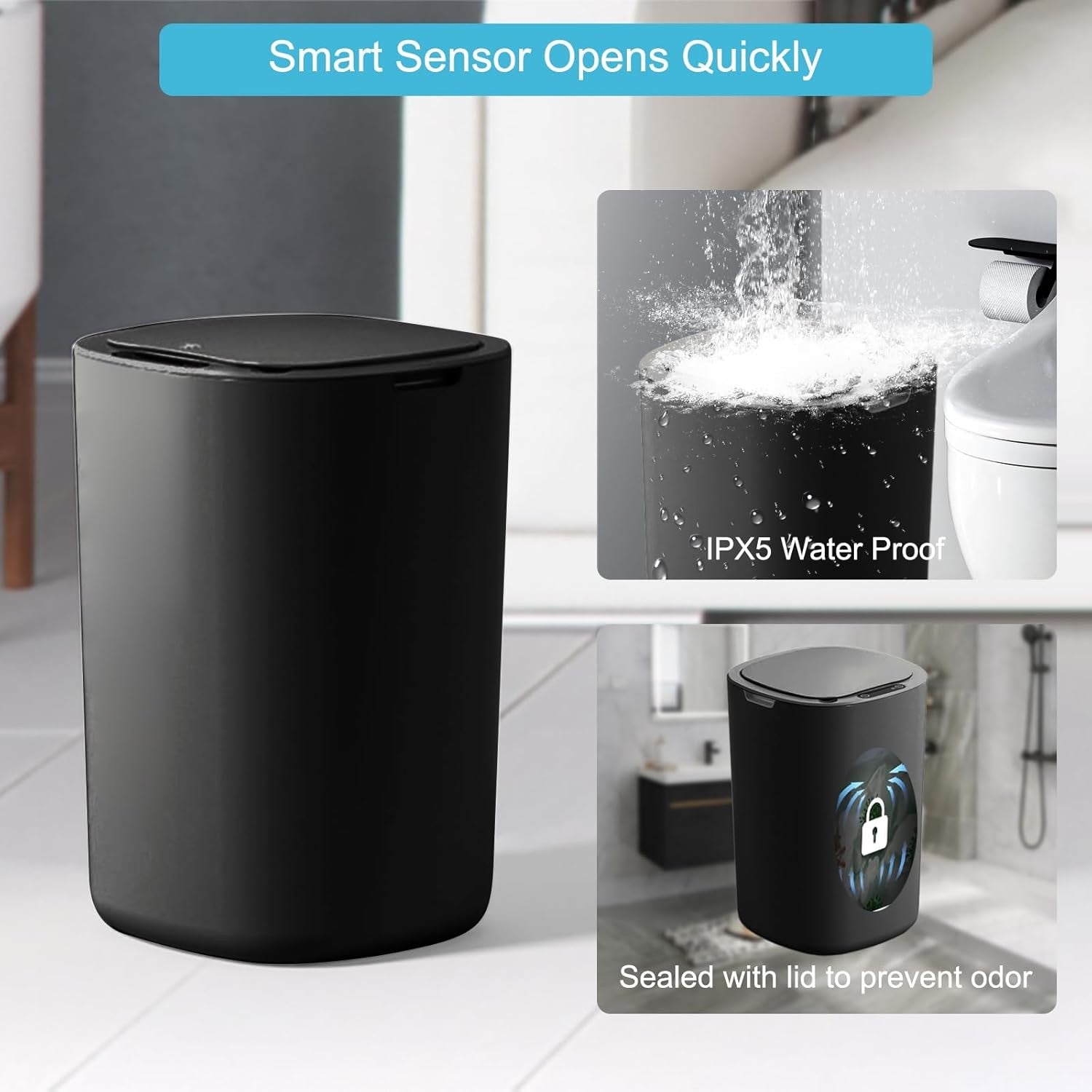 12L Automatic Bathroom Bin Motion Sensor Slim Black
