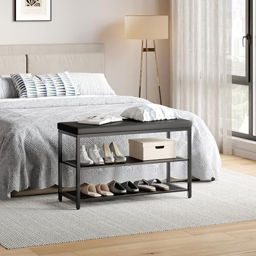 Black 3-Tier Shoe Bench with Padded Seat – Industrial Hallway Organizer Black