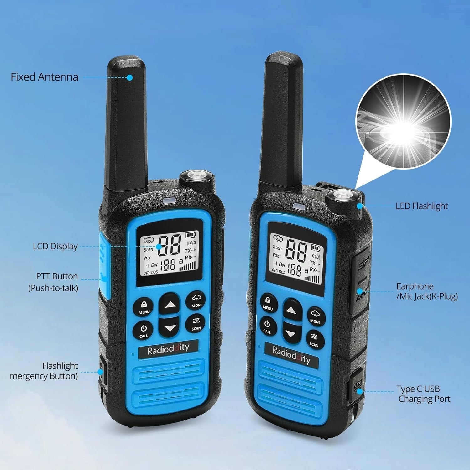 Kids Walkie Talkies PMR446 Rechargeable Long Range VOX USB-C 2 Pack