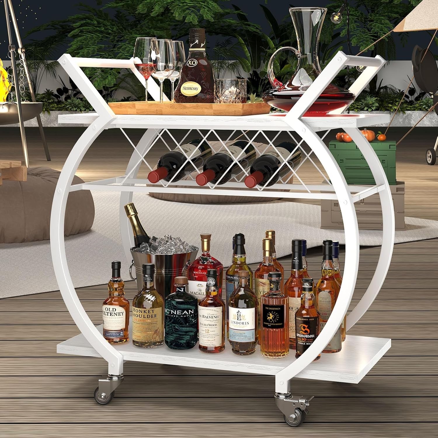 Rolling Bar Cart Drinks Trolley on Wheels Wine Rack Lockable Modern White