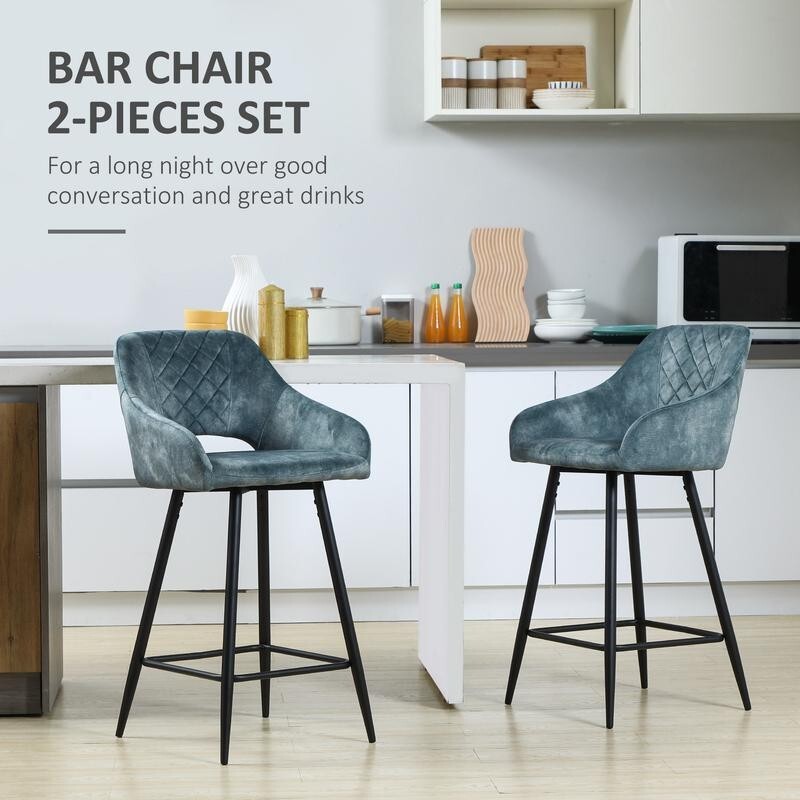 2x Velvet Bar Stools with Backrest Armrest Footrest for Kitchen Island