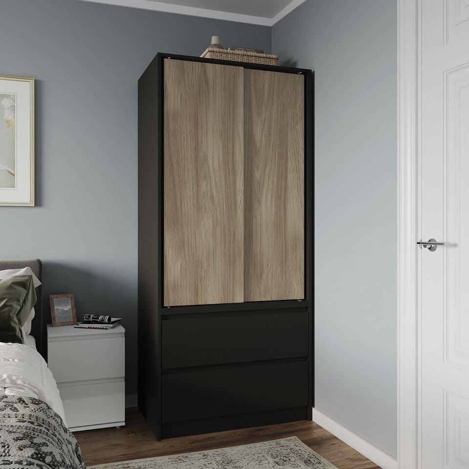 Modern 2-Door Sliding Wardrobe with Hanging Rail & 2 Drawers - Silent Doors