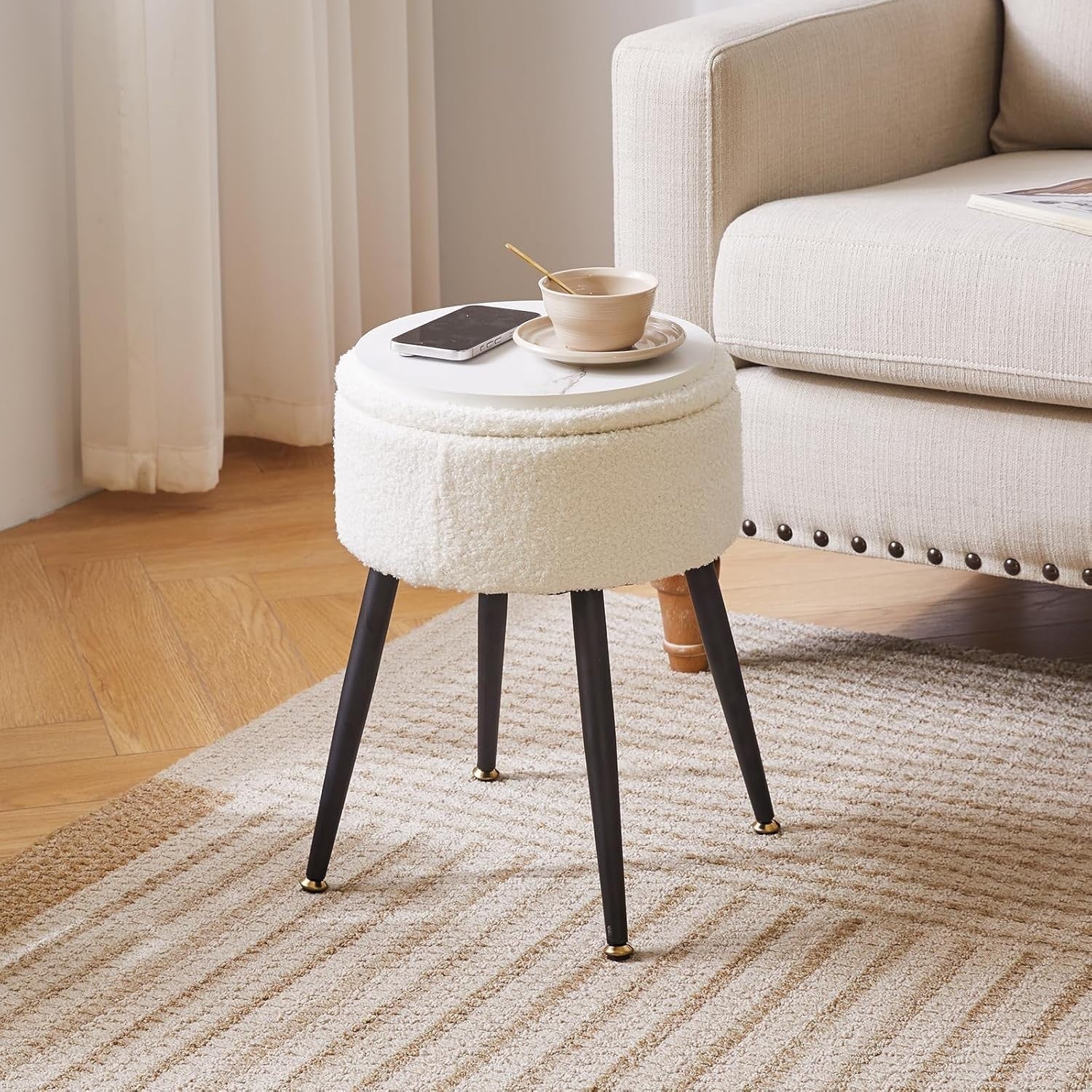 White Round Teddy Fur Stool with Storage – Soft Vanity Ottoman Chair