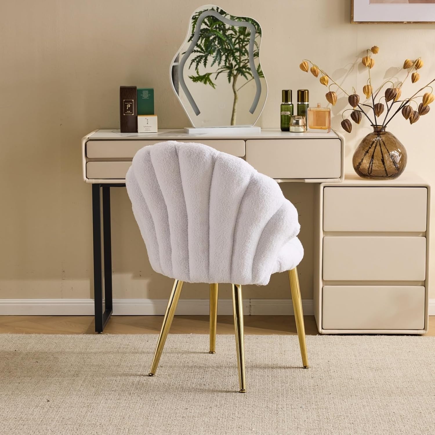 Pearl White Teddy Accent Chair Gold Legs Vanity Dressing Table
