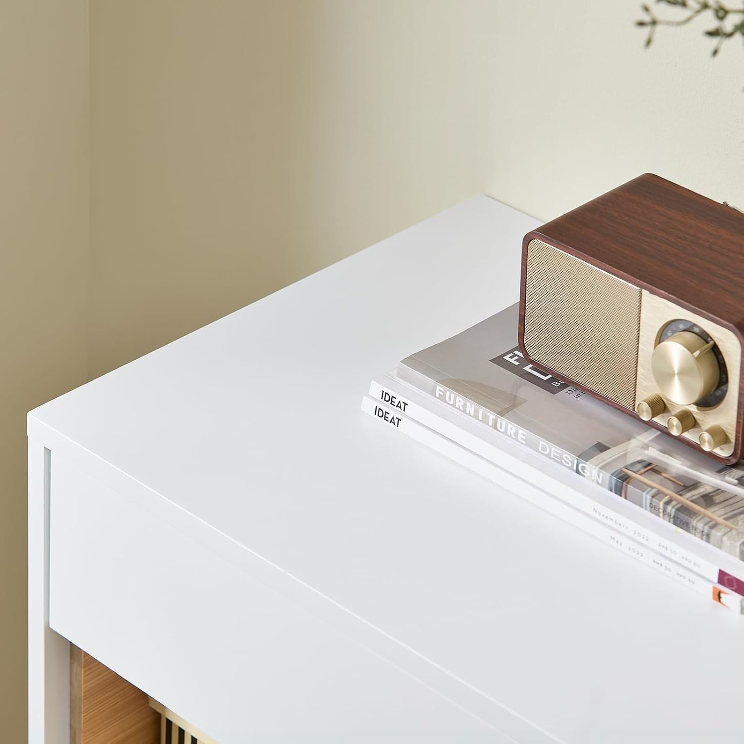 White Sideboard Cabinet with Drawer & Adjustable Shelves Bamboo Legs 60x34x85cm
