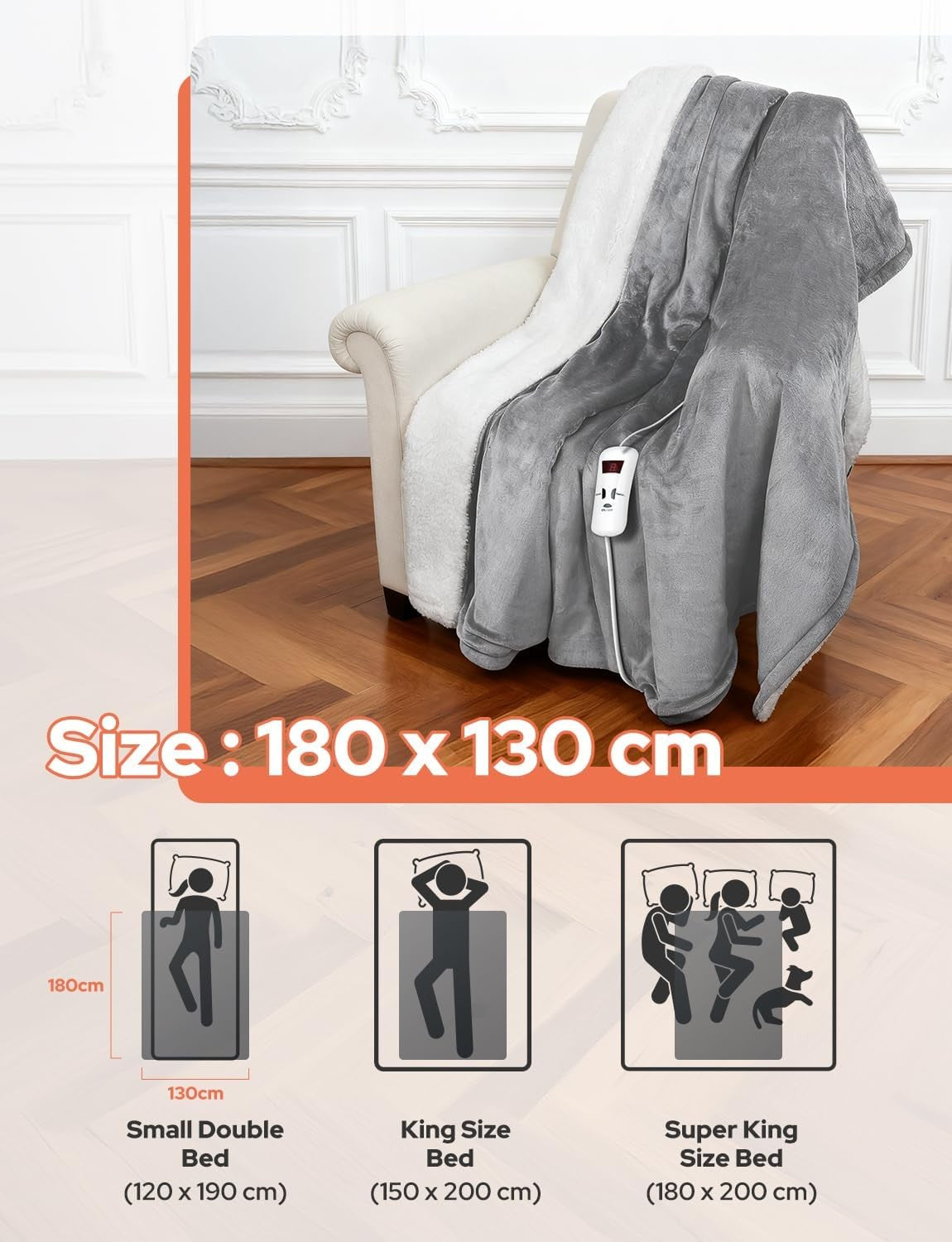 Electric Heated Throw Blanket Fast Heat Dual Sided Sherpa 180x130cm