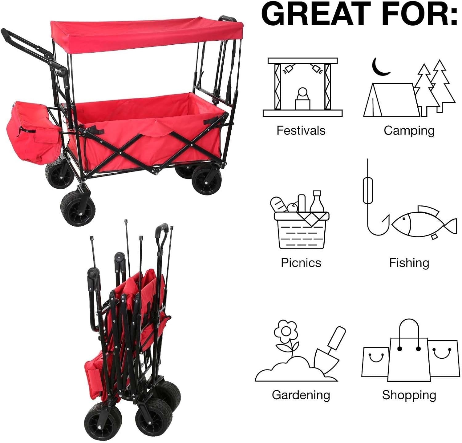 Folding Push Pull Wagon w/ Canopy Heavy Duty 100KG Cart Adjustable Handle Red