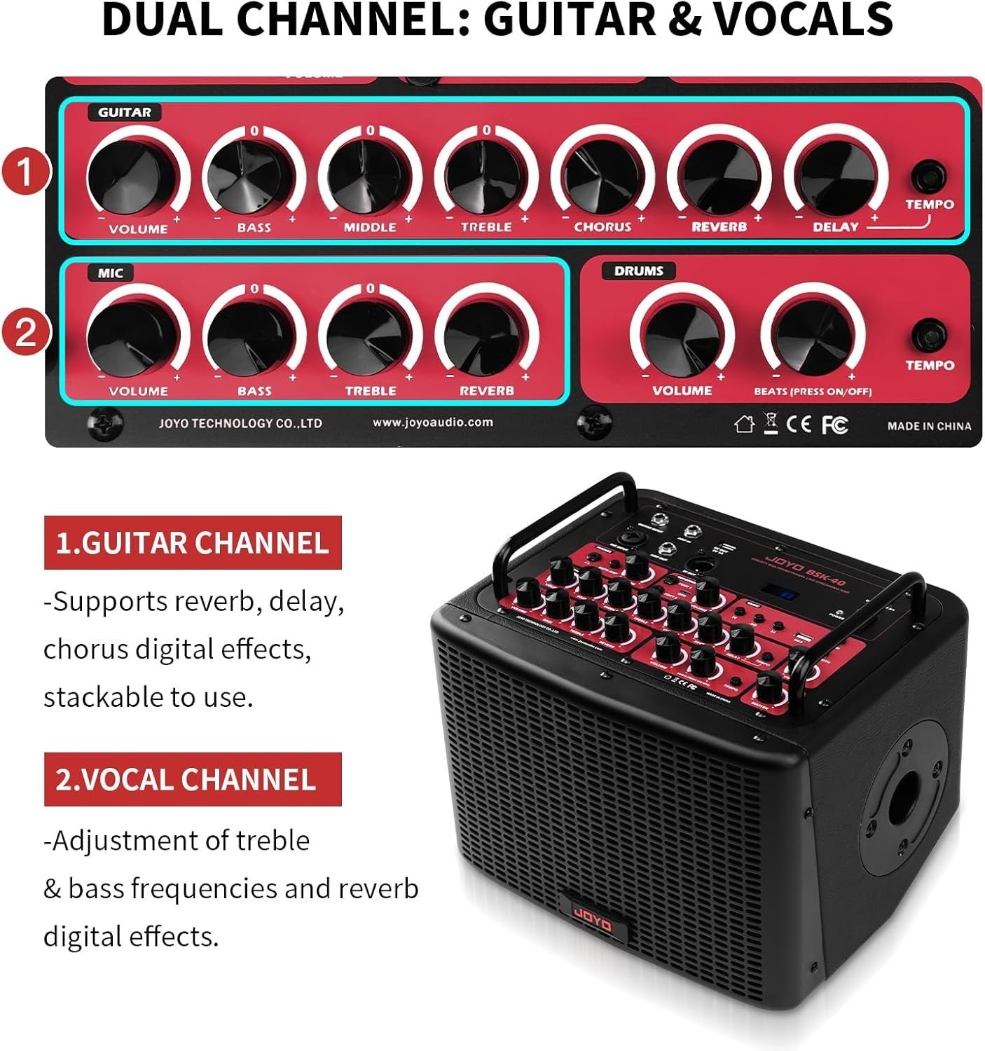 40W Acoustic Guitar Combo Amp Rechargeable Bluetooth XLR Effects & Drum Machine