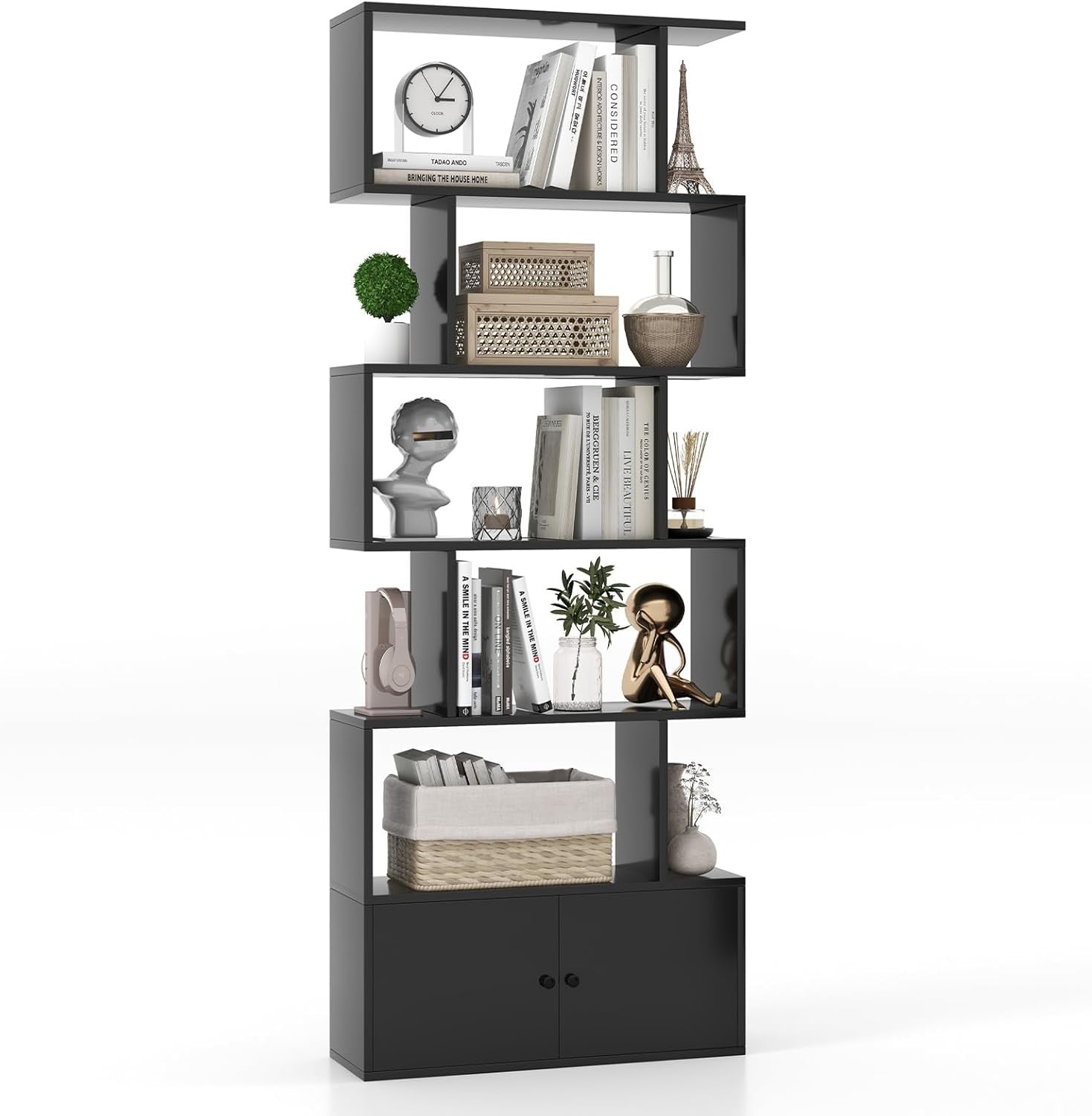 Black S-Shaped 6 Tier Bookcase Tall Freestanding Storage Shelf with Cabinet