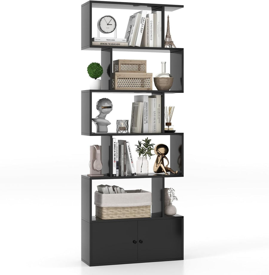 Black S-Shaped 6 Tier Bookcase Tall Freestanding Storage Shelf with Cabinet