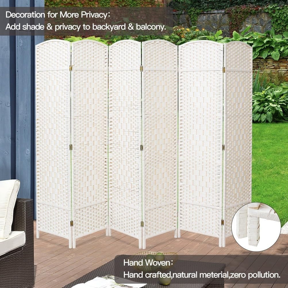 White 6 Panel Wicker Folding Room Divider Handwoven Privacy Screen 170cm