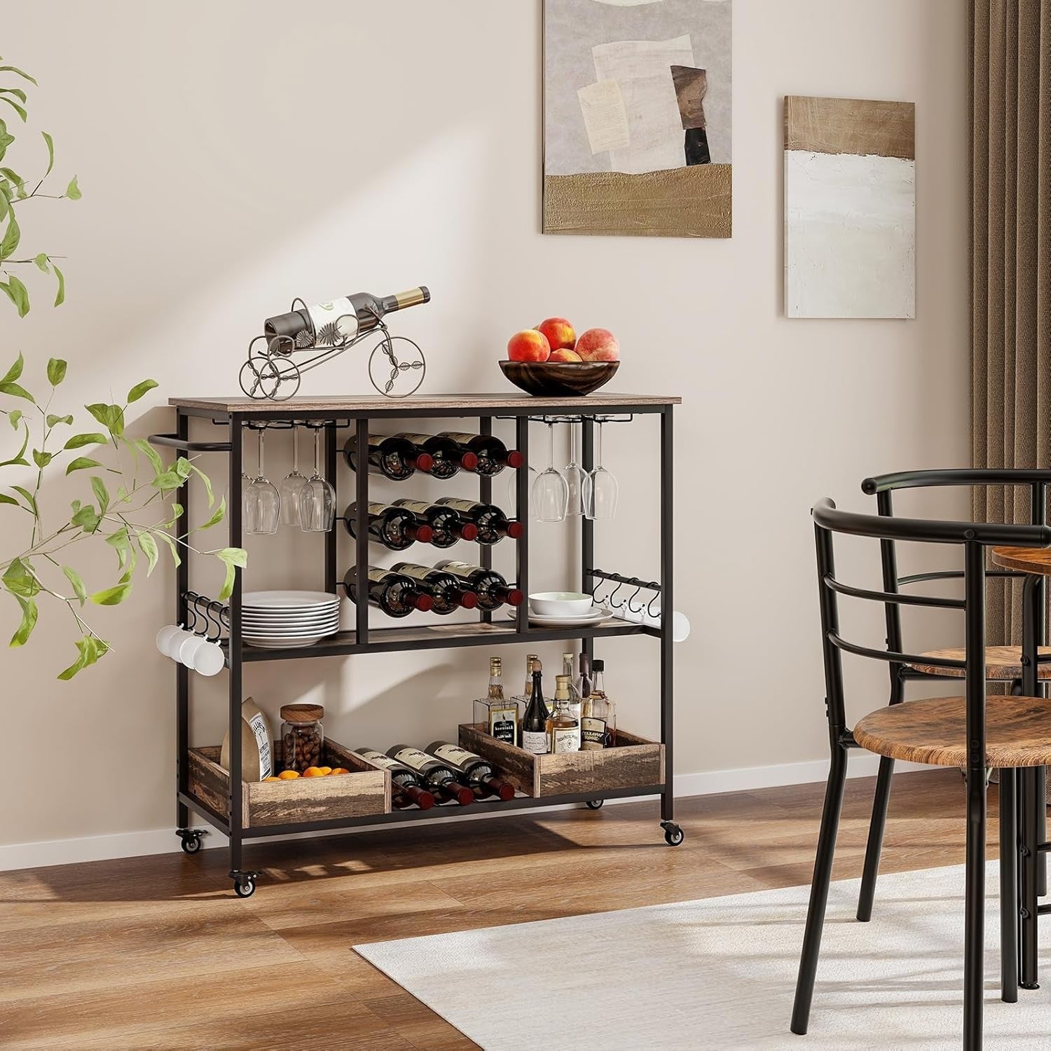 Kitchen Serving Trolley Bar Cart Wine Rack Glass Holder Lockable Wheels