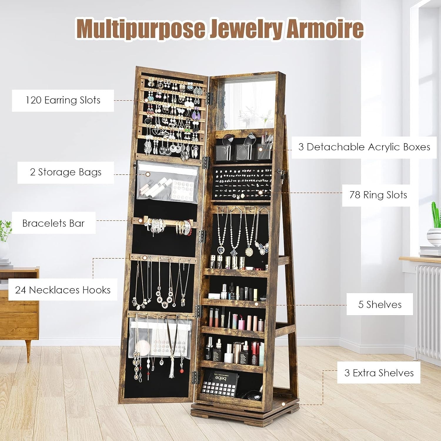 Rustic Brown 360° Swivel Jewelry Cabinet Mirror Lockable 3-in-1 Storage
