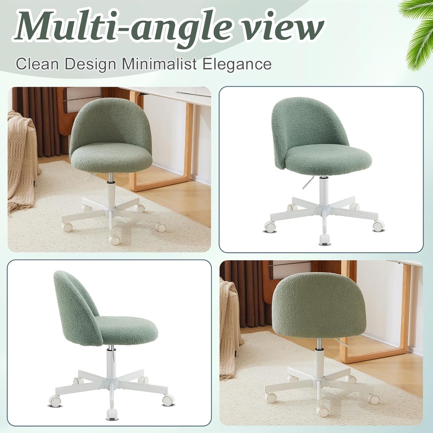 Green Teddy Fleece Swivel Desk Chair Small Adjustable Height Vanity Seat