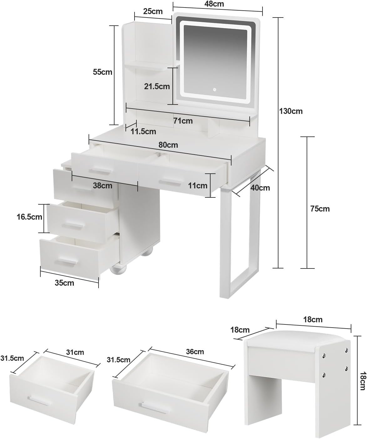 White Dressing Table LED Mirror 5 Drawers Flexible Vanity Desk Makeup Storage