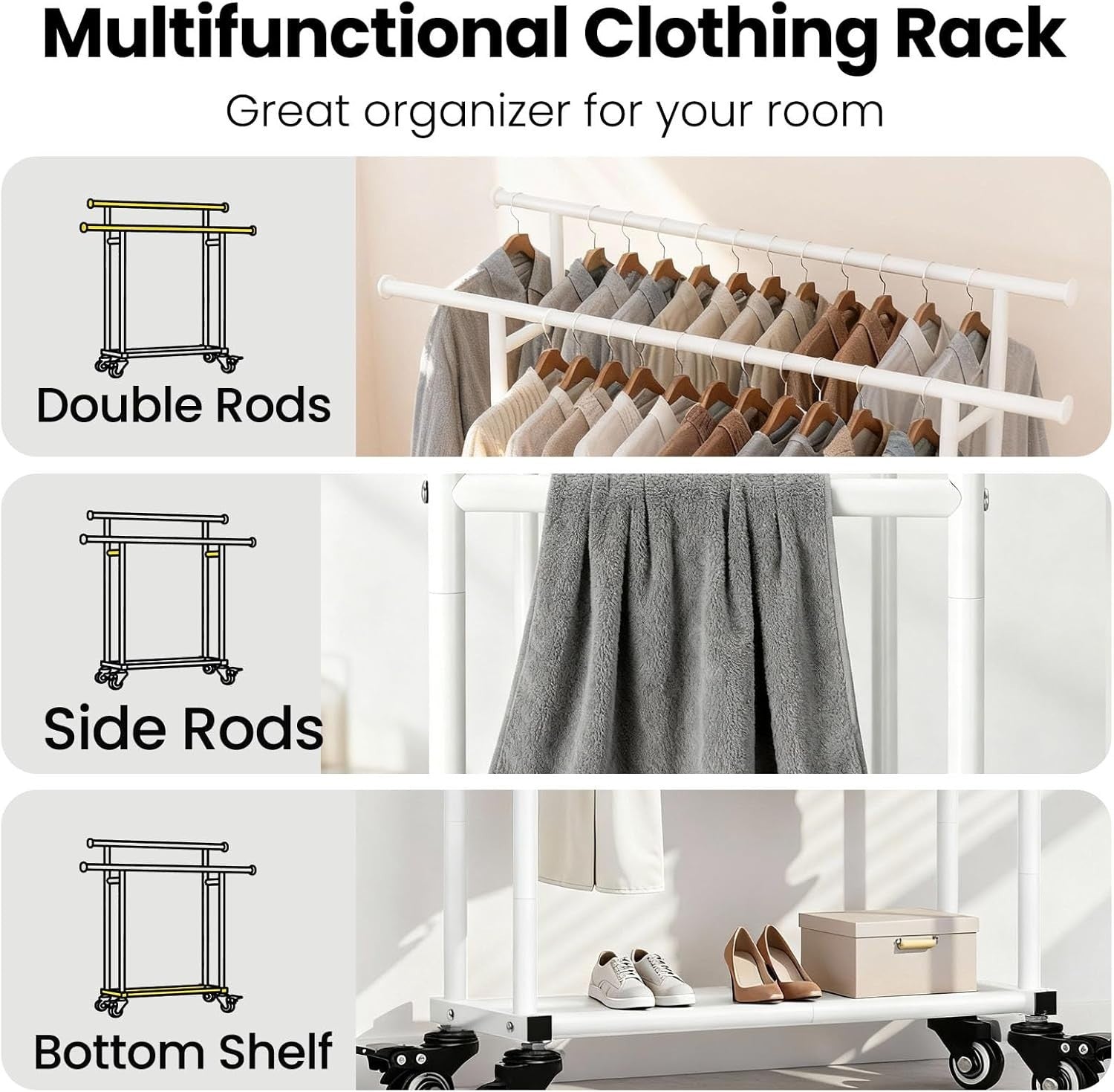 Heavy Duty Double Rail Clothes Rack with Wheels & Shelf – White
