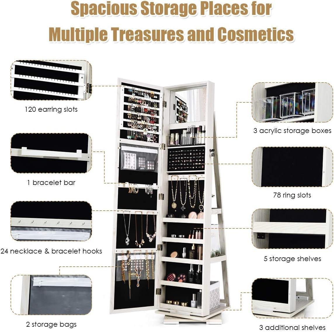 White 360° Swivel Jewelry Cabinet Mirror Lockable 3-in-1 Storage Stand