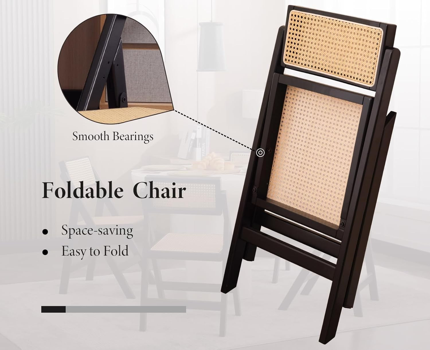 Foldable Rattan Dining Chairs Set of 2 Mid Century Space Saving Kitchen Seats