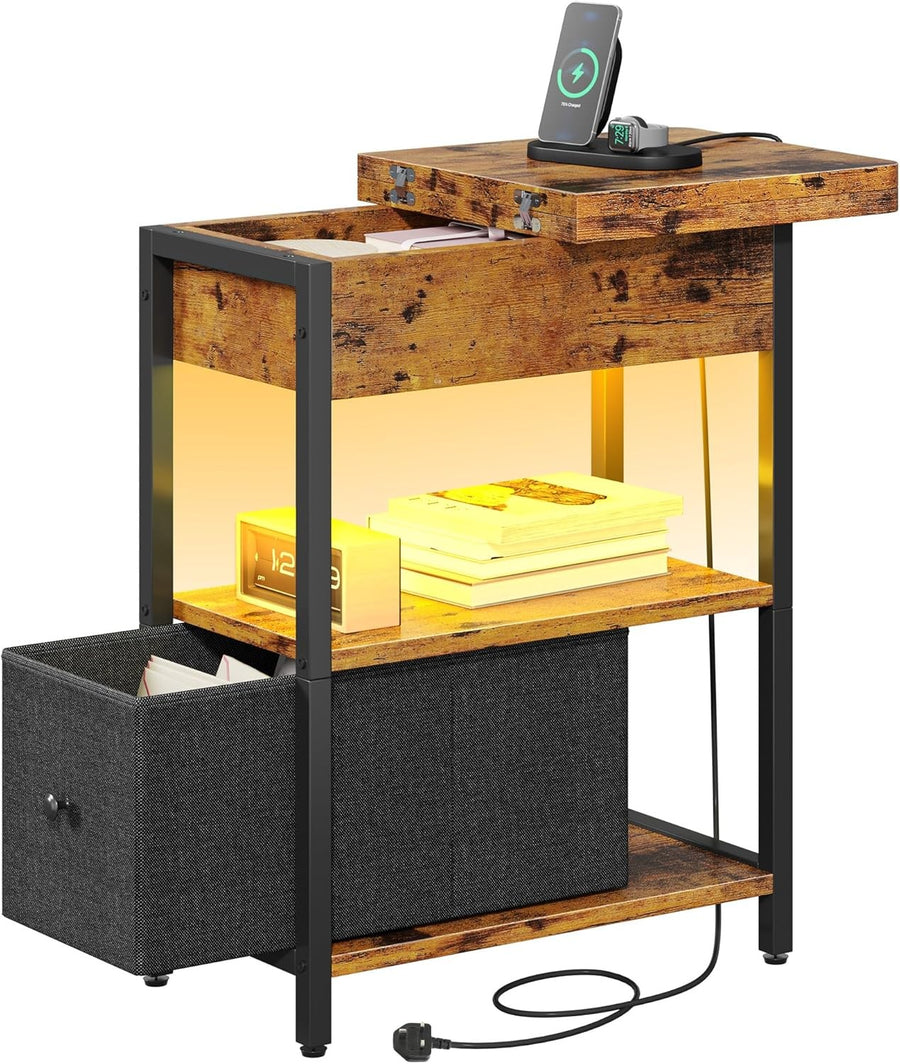 Slim Side Table with Charging Station, LED Shelf, Storage Drawer, Rustic Brown