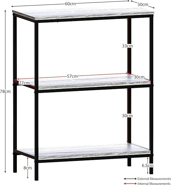 Modern Industrial 3 Tier Shelving Unit – Grey Metal Bookcase Storage Rack