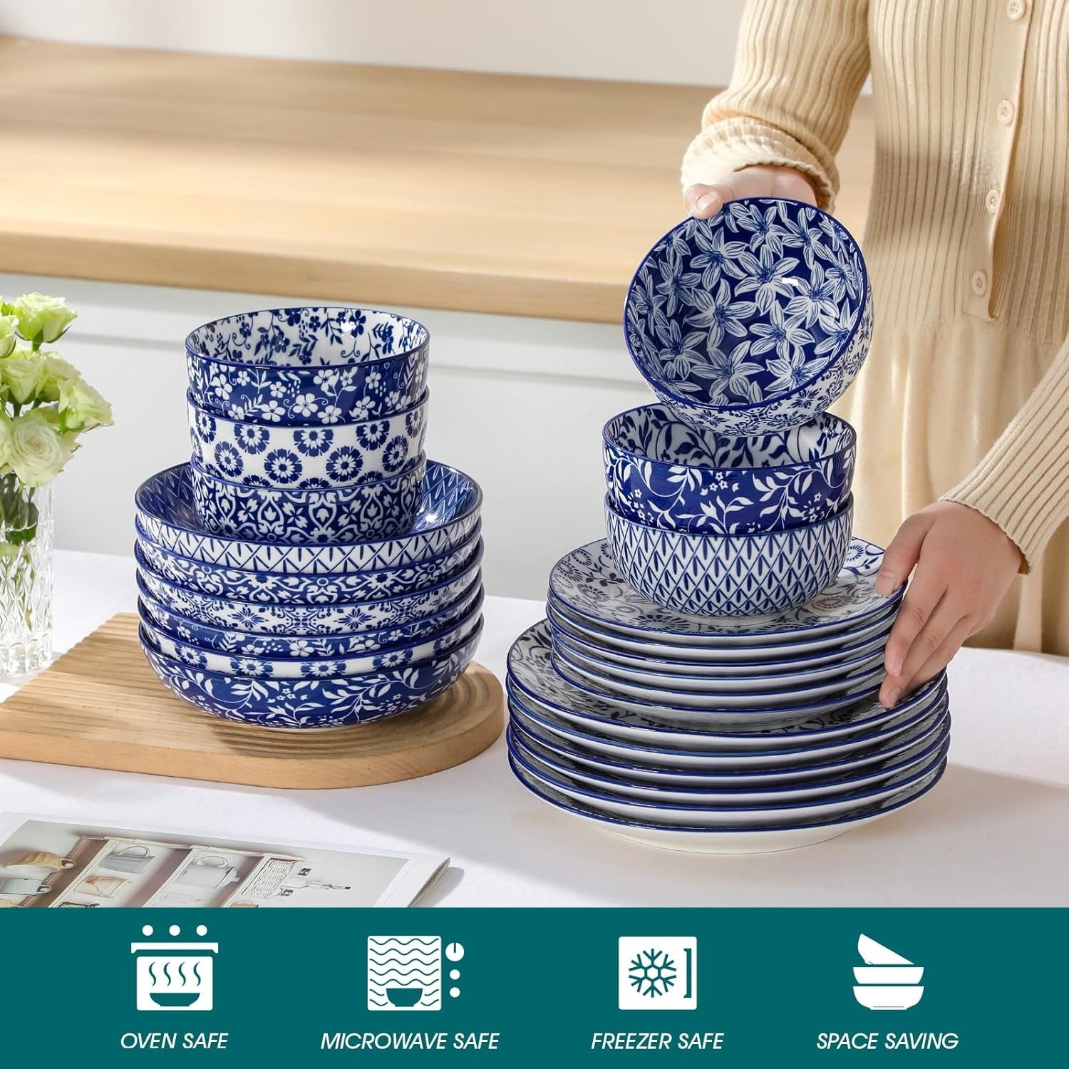 24pc Porcelain Dinnerware Set Blue White Plates Bowls Dishwasher Safe