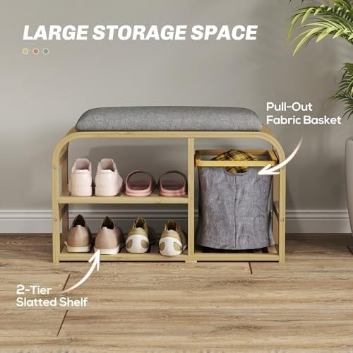 Natural Bamboo Shoe Storage Bench with Cushion & Basket 2 Shelves Entryway