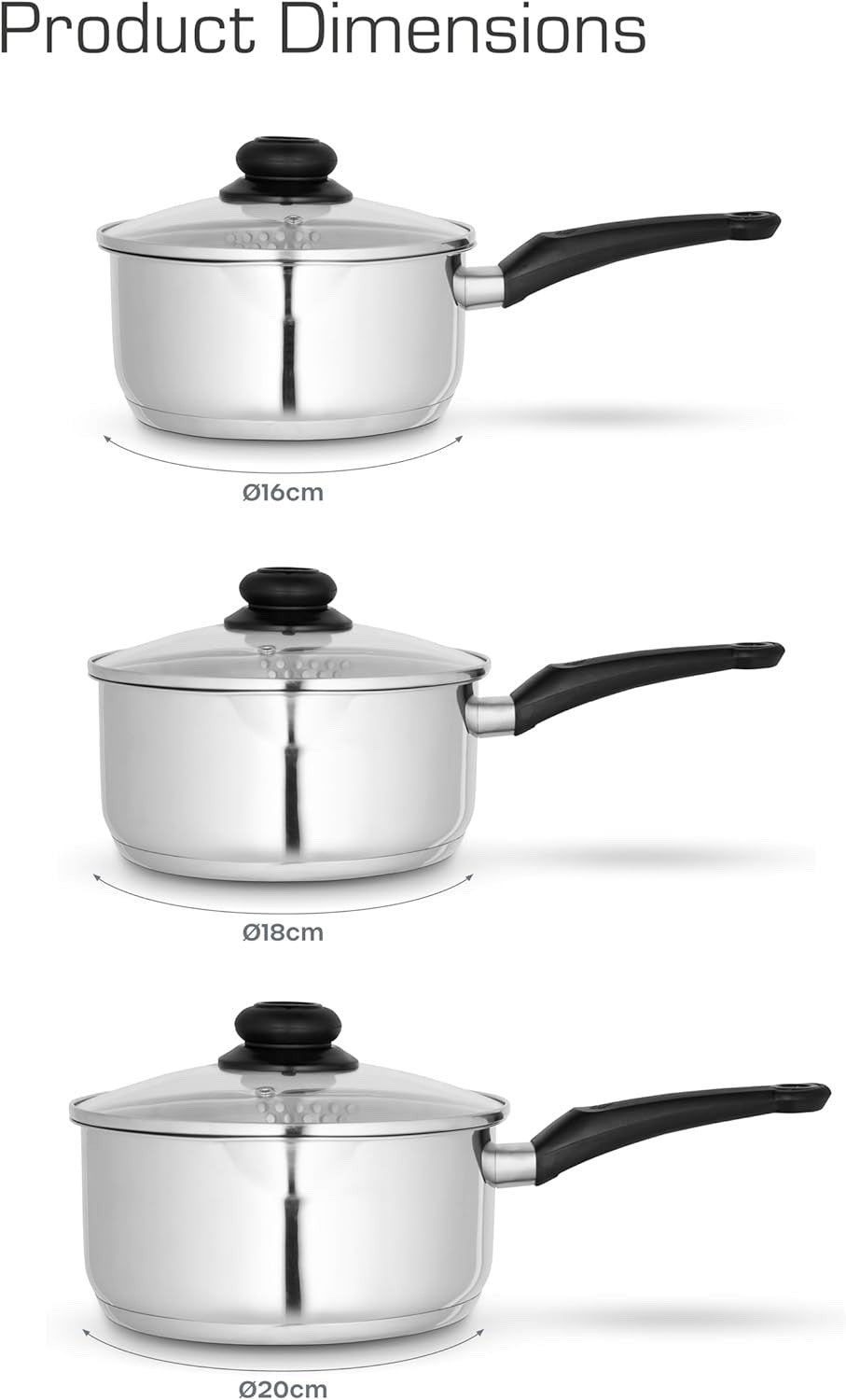 3pcs Stainless Steel Saucepan 16/18/20 cm Cookware Set with Glass Lids